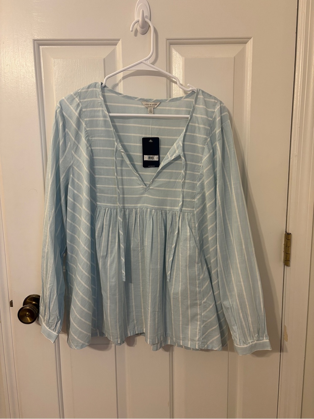 Lucky Brand Pale Blue and White Striped V-Neck shirt